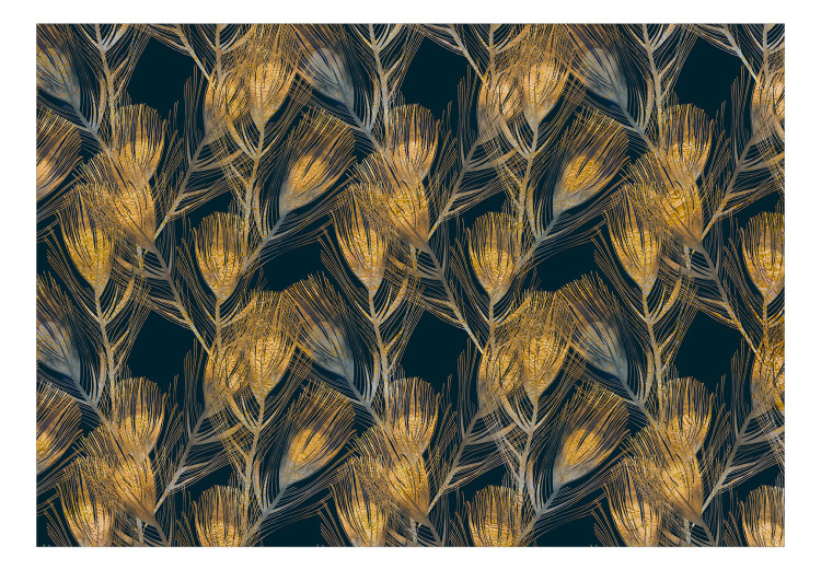 Fotomural a medida Plumas doradas de pavo real - fondo uniforme y patrón de aves en azul 142521 additionalImage 1