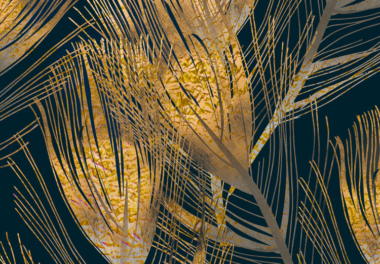 Fotomural a medida Plumas doradas de pavo real - fondo uniforme y patrón de aves en azul 142521 additionalImage 4