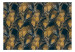 Fotomural a medida Plumas doradas de pavo real - fondo uniforme y patrón de aves en azul 142521 additionalThumb 1
