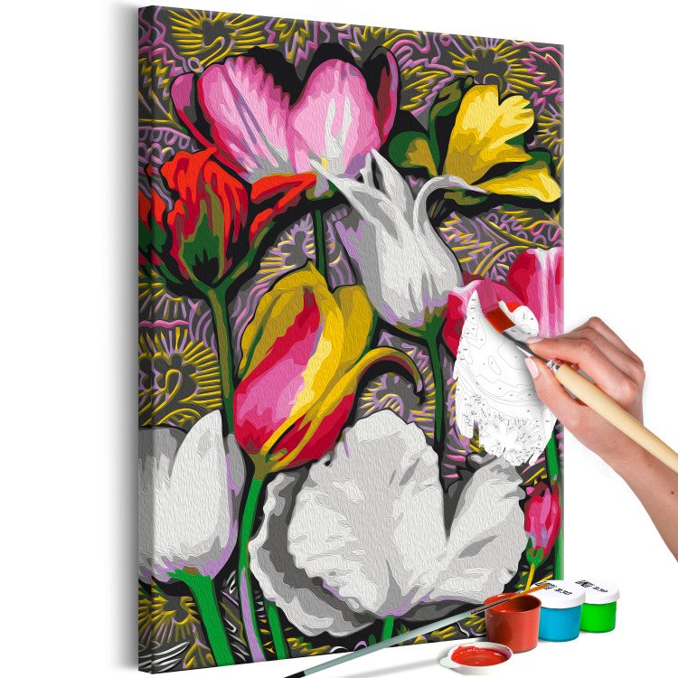 Paint by number Expressive Tulips - White, Pink and Yellow Flowers on an Ornamental Background 144521 additionalImage 7