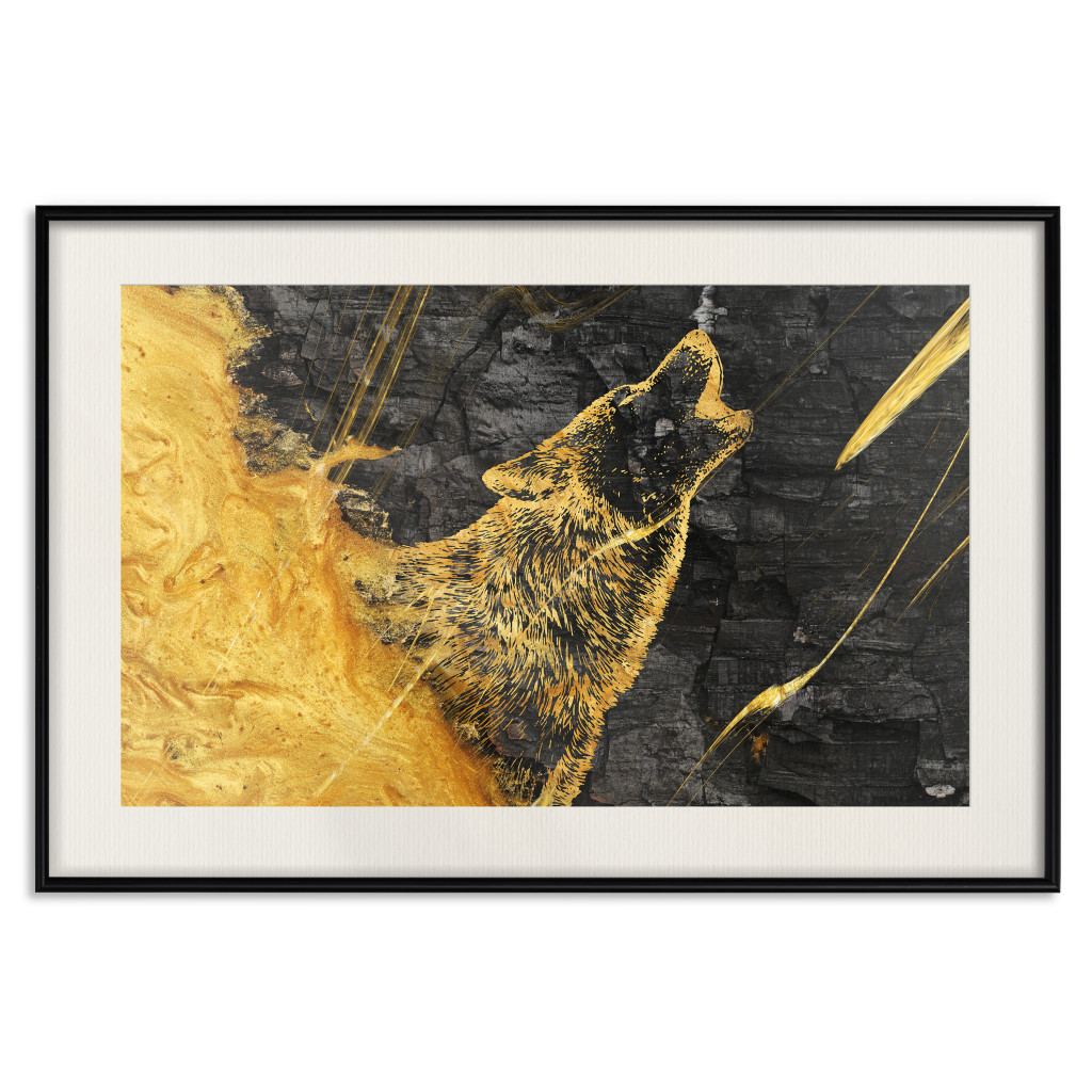 Poster Decorativo Howling Wolf - Golden Wild Animal On Black Coal Background