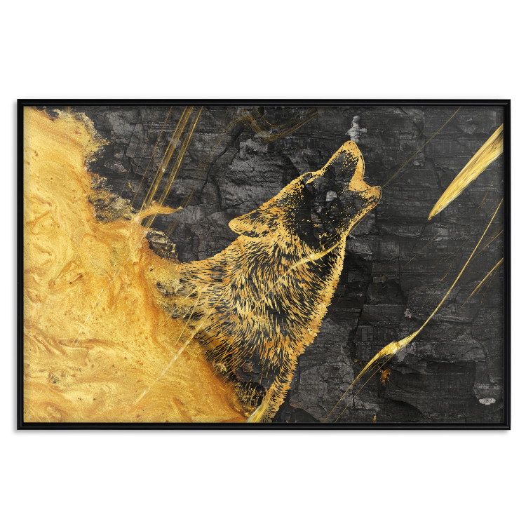 Poster Howling Wolf - Golden Wild Animal on Black Coal Background