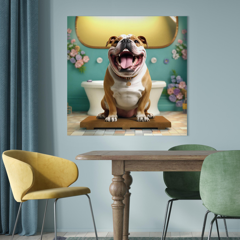 Obraz AI Pies Buldog Francuski - Zwierzak Czekający W Kolorowej łazience - Kwadratowy