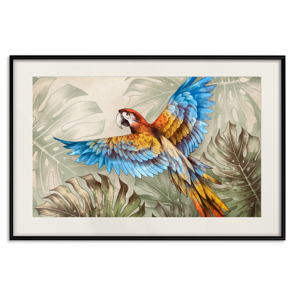 Muur Posters Parrot In The Jungle - A Colorful Bird Among The Green Leaves Of A Monstera