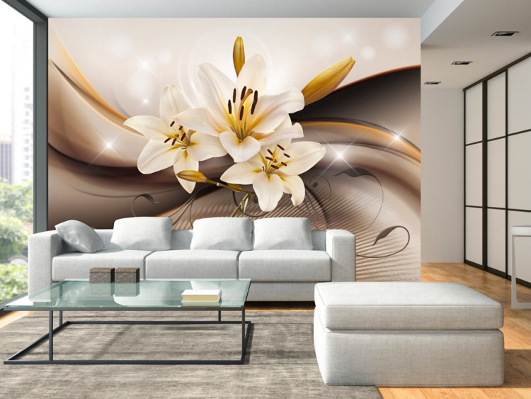 Fototapeta Biała lilia - kompozycja natury z delikatnym tłem złota i blasku 3D