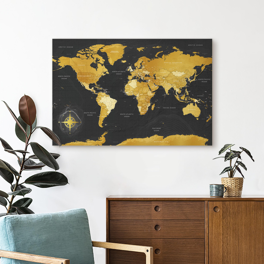 Schilderij  Kaarten Van De Wereld: Gele Continenten (1-delig) - Kleurrijke Zwart-gouden Wereldkaart