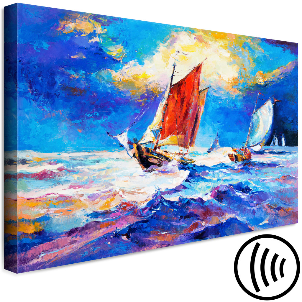 Obraz Kolorowe żaglowce - Malowany Pejzaż Z łodziami Na Wzburzonych Falach