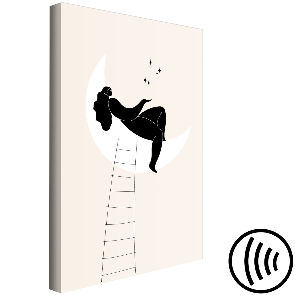 Schilderij  Vrouwen: Ladder To The Moon - Girl Lying On The Moon Enchanting Stars