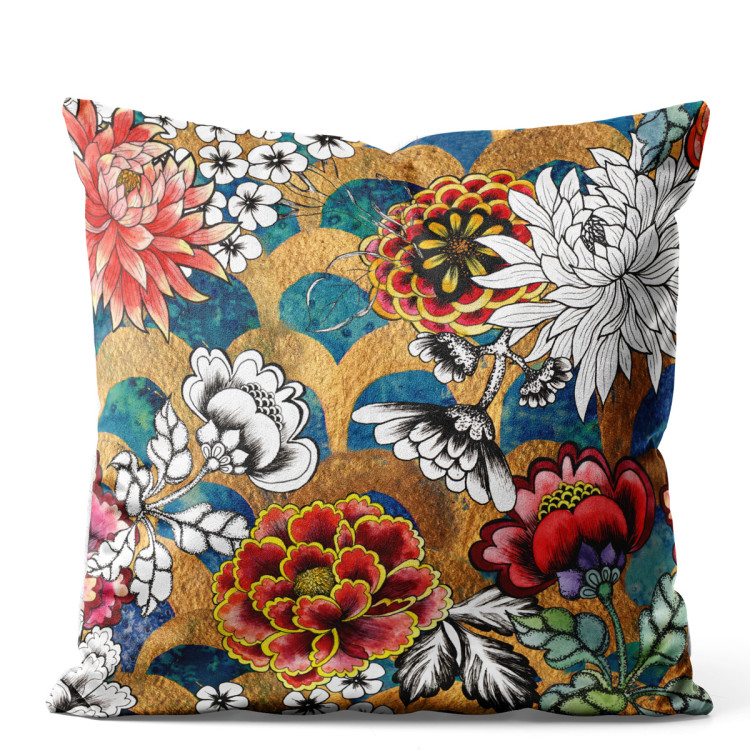 Sammets kudda Oriental garden - graphic style dahlia flowers on abstract background 147131