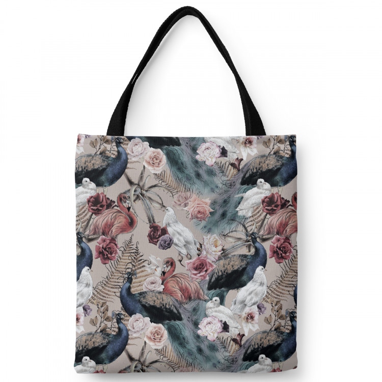Shoppingväska Courtyard beauty - ferns, roses and exotic birds on a beige background 147431