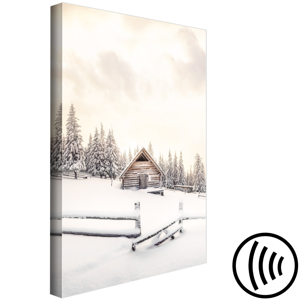 Schilderij  Landschappen: Winter Cottage - Sunrise Landscape Over The Forest And Mountain Cottage