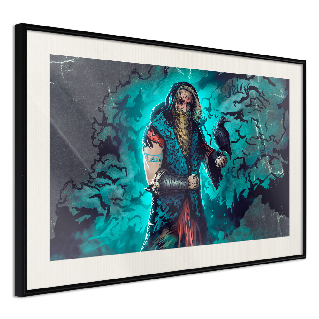Muur Posters Viking In Comic Style - A Warrior With A Raven On A Dark Background