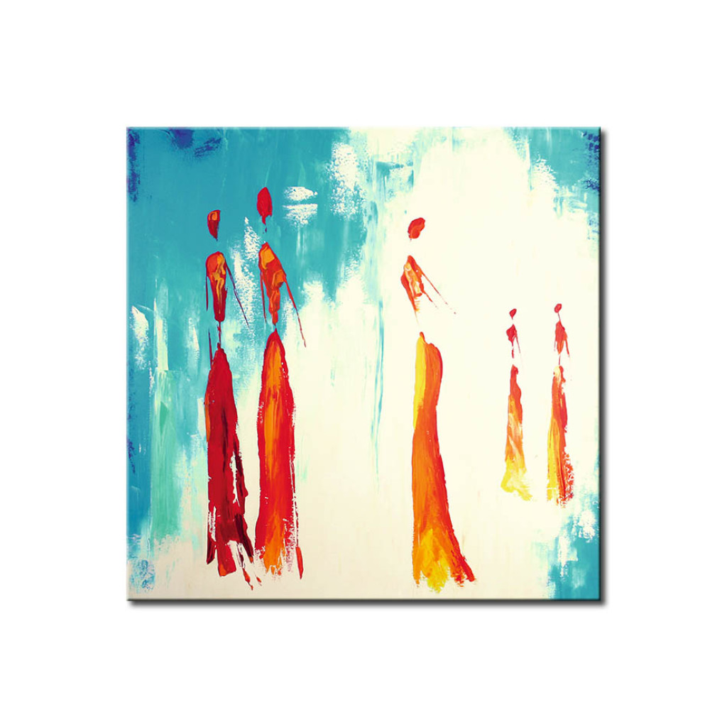Schilderij  Karakters: Oranje Vrouwen (1-delig) - Abstractie Op Een Blauwe Achtergrond