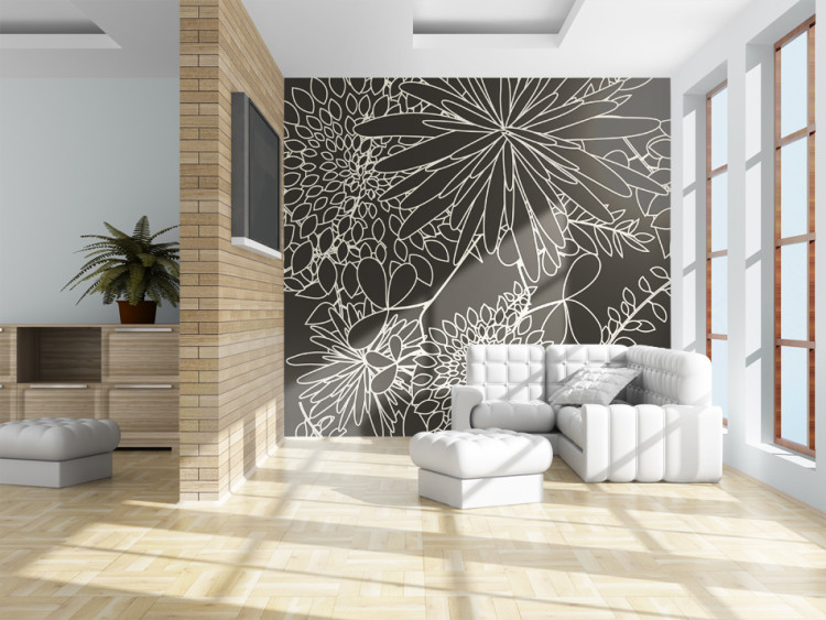 Wall Mural Black and White Floral Motif - White Outline of Plants on a Solid Background 60831