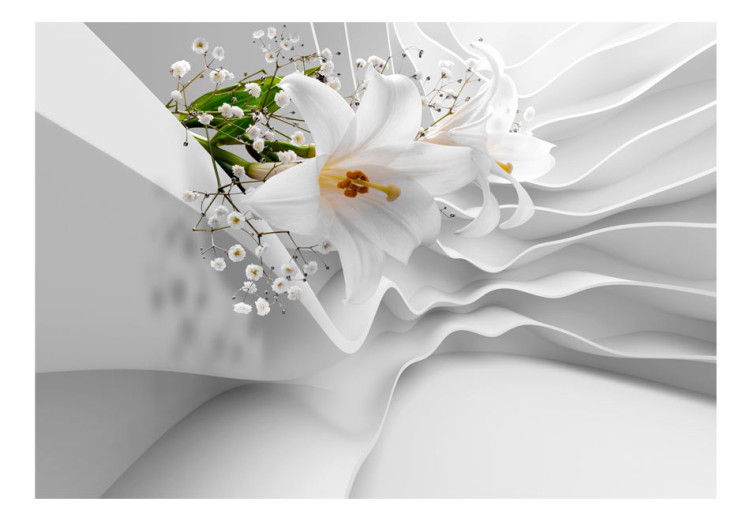 Carta da parati moderna Motivo floreale moderno - gigli bianchi su sfondo con onde irregolari 92031 additionalImage 1