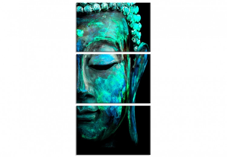 Oblicze Buddy - fragment twarzy w kolorach zielonym i niebieskim