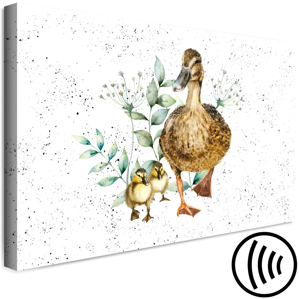 Schilderij  Vogels: Family Of Ducks - Cute Painted Animals And Plants Background In Splashes