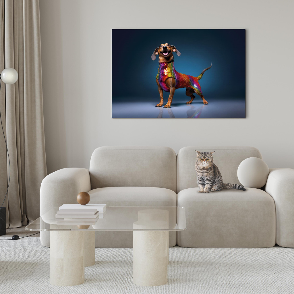 Obraz AI Pies Jamnik - Uśmiechnięty Zwierzak W Kolorowym Przebraniu - Poziomy