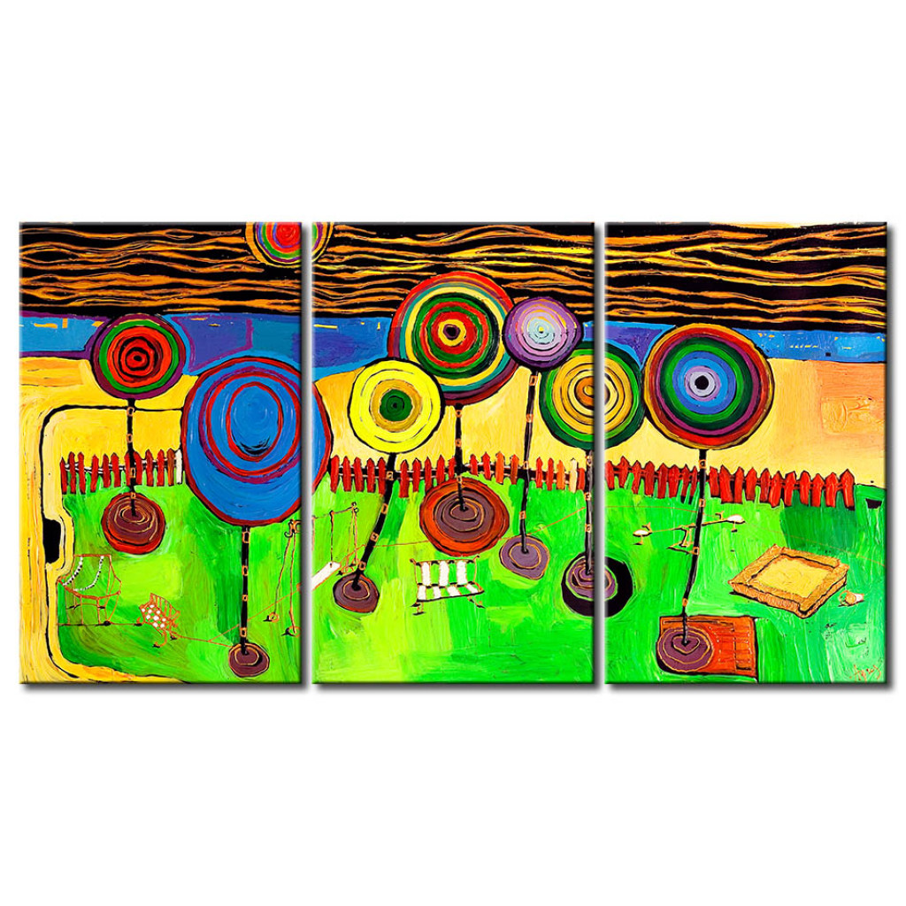 Schilderij  Gekleurde: Abstractie (3-delig) - Speeltuin Met Motief Van Kleurrijke Cirkels