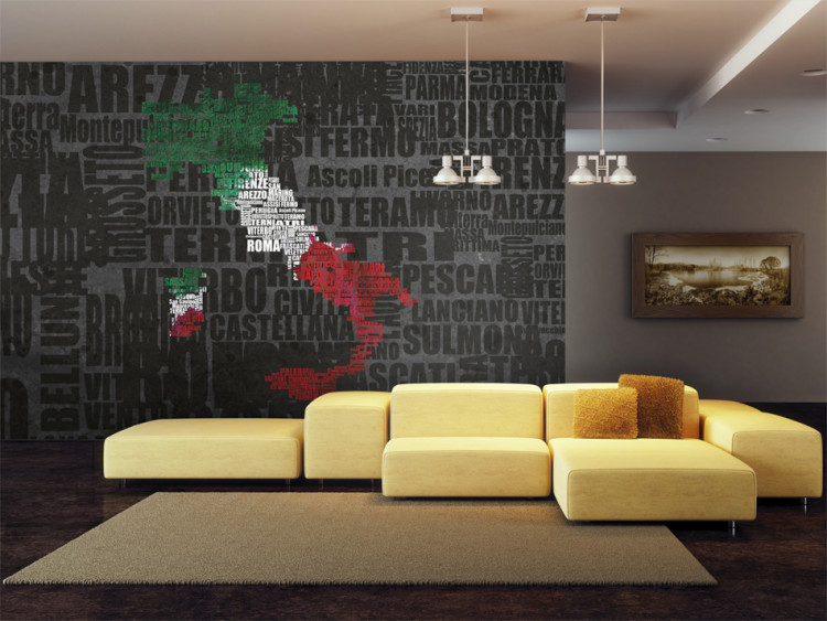 Fototapeta Italia - mapa Włoch w kolorach flagi na tle napisów z nazwami miast 59941