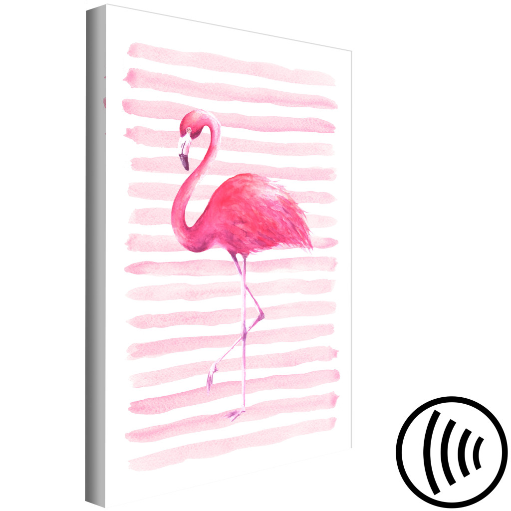 Schilderij  Vogels: Flamingo In Roze Stijl (1-delig) - Vogel Tegen Een Achtergrond Van Duidelijke Strepen