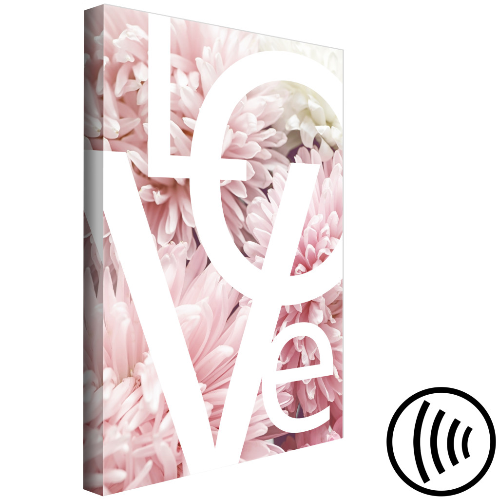 Quadro Pintado Inscrição Branca Love - Texto Sobre Peónias Cor-de-rosa E Brancas
