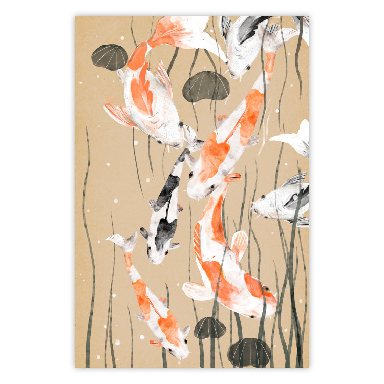 Plakat Karpie koi - pływające malowane japońskie karpie wśród wodorostów 145151