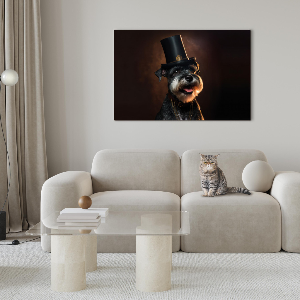 Obraz AI Pies Sznaucer Miniatura - Portret Radosnego Zwierzaka W Cylindrze - Poziomy