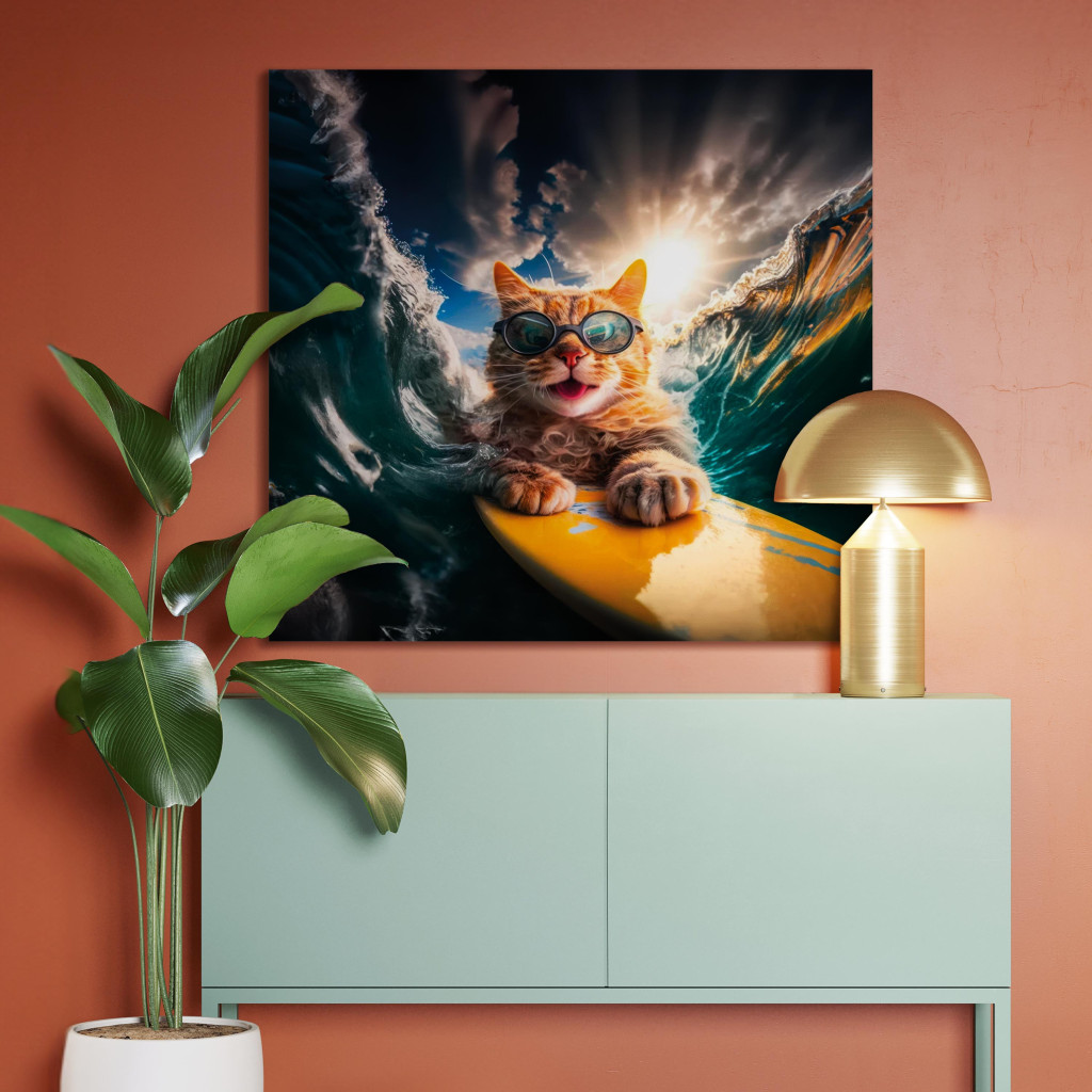 Quadro AI Cat - Ginger Animal Surfing On A Board In A Stormy Sea - Square