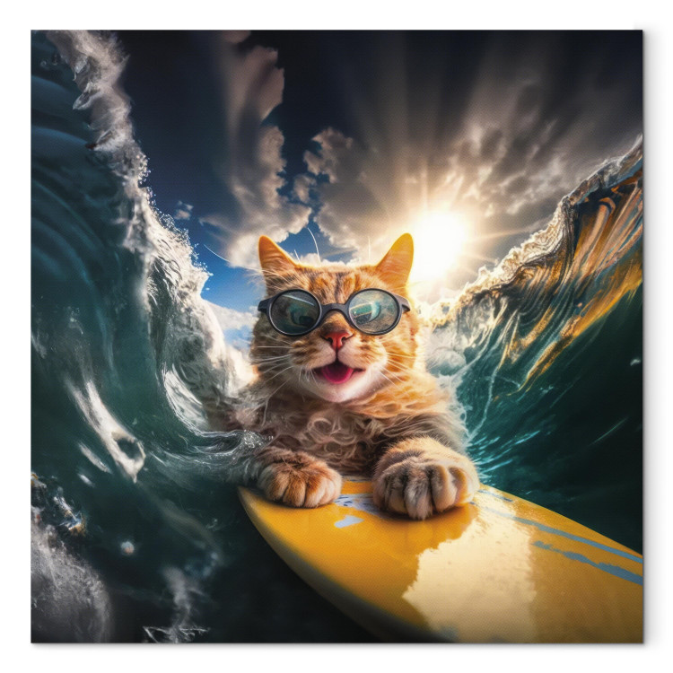 Canvastavla AI Cat - Ginger Animal Surfing on a Board in a Stormy Sea - Square