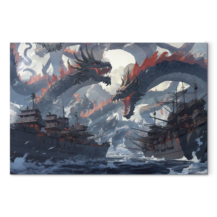 Canvas Sea Battle - Warships and Monsters in the Stormy Ocean