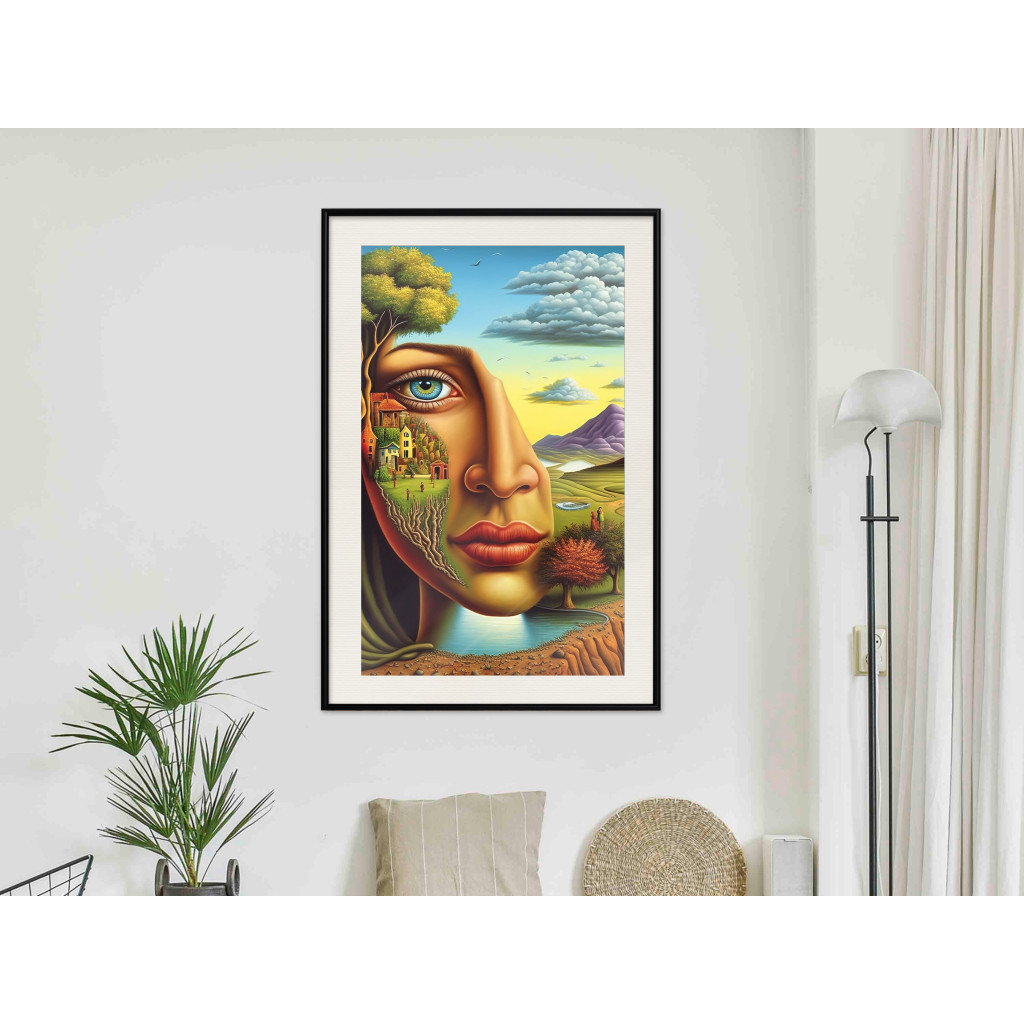 Muur Posters Abstract Face - Portrait Of A Woman Against The Background Of Mountains And A Small Town