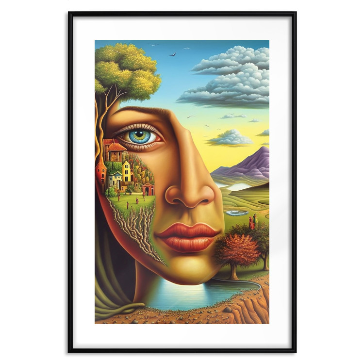 Póster Abstract Face - Portrait of a Woman Against the Background of Mountains and a Small Town 151151 additionalImage 14