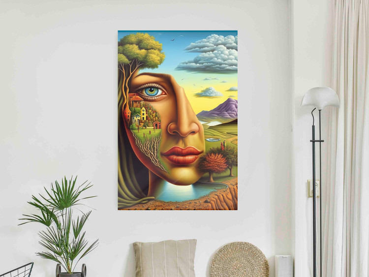 Póster Abstract Face - Portrait of a Woman Against the Background of Mountains and a Small Town 151151 additionalImage 8