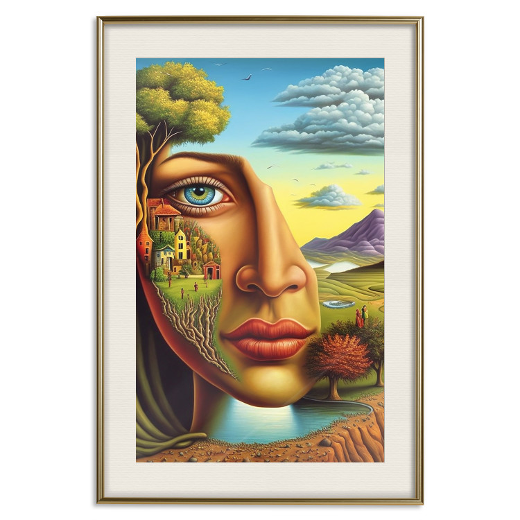 Póster Abstract Face - Portrait of a Woman Against the Background of Mountains and a Small Town 151151 additionalImage 25