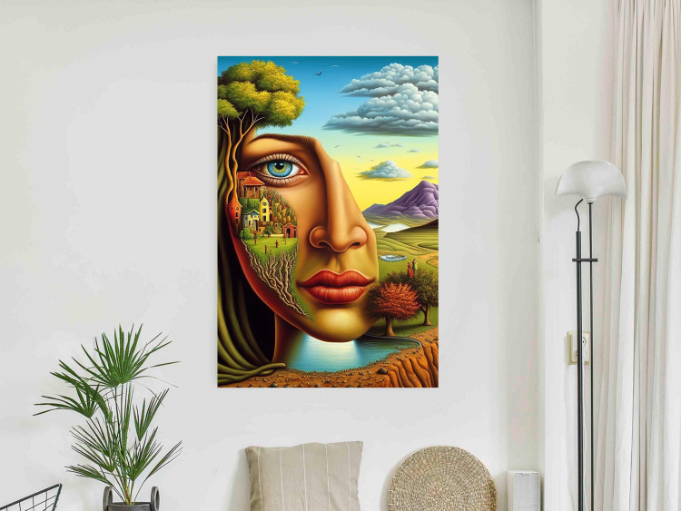 Póster Abstract Face - Portrait of a Woman Against the Background of Mountains and a Small Town 151151 additionalImage 11