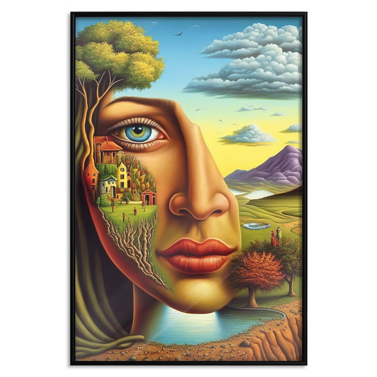 Póster Abstract Face - Portrait of a Woman Against the Background of Mountains and a Small Town 151151 additionalImage 21