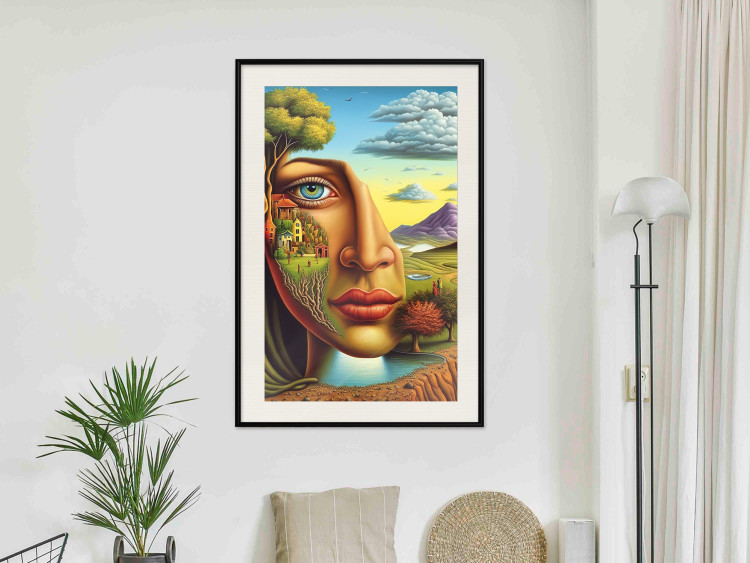 Póster Abstract Face - Portrait of a Woman Against the Background of Mountains and a Small Town 151151 additionalImage 27