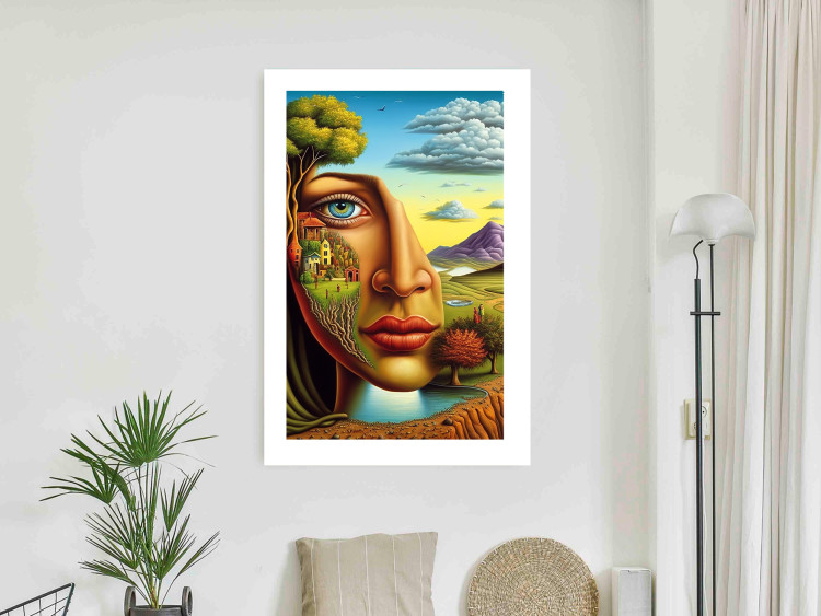 Póster Abstract Face - Portrait of a Woman Against the Background of Mountains and a Small Town 151151 additionalImage 3