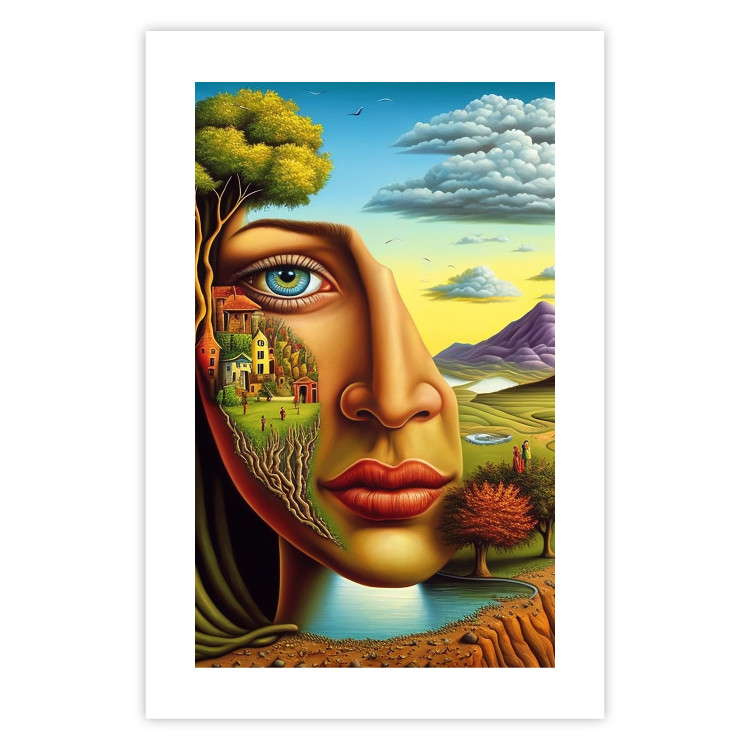 Póster Abstract Face - Portrait of a Woman Against the Background of Mountains and a Small Town 151151 additionalImage 20
