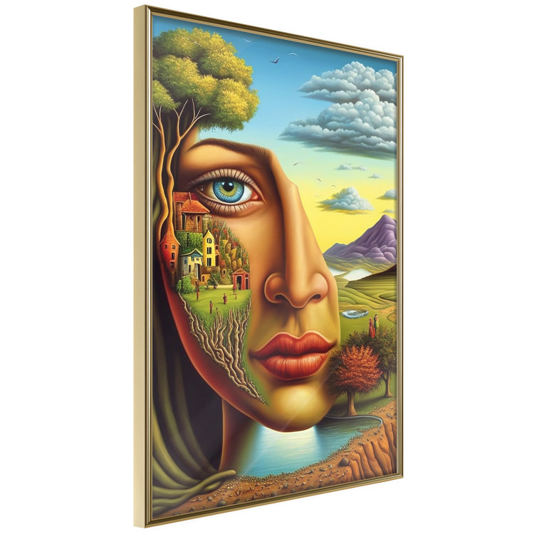 Póster Abstract Face - Portrait of a Woman Against the Background of Mountains and a Small Town 151151 additionalImage 22