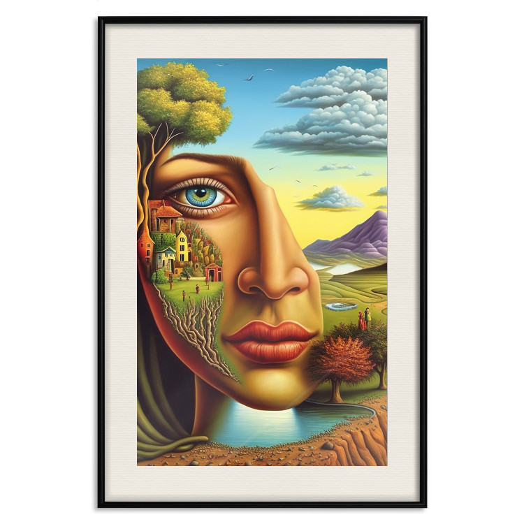 Póster Abstract Face - Portrait of a Woman Against the Background of Mountains and a Small Town 151151 additionalImage 15