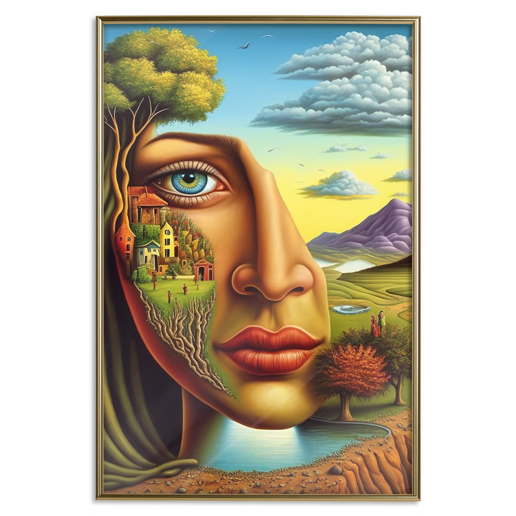 Póster Abstract Face - Portrait of a Woman Against the Background of Mountains and a Small Town 151151 additionalImage 12