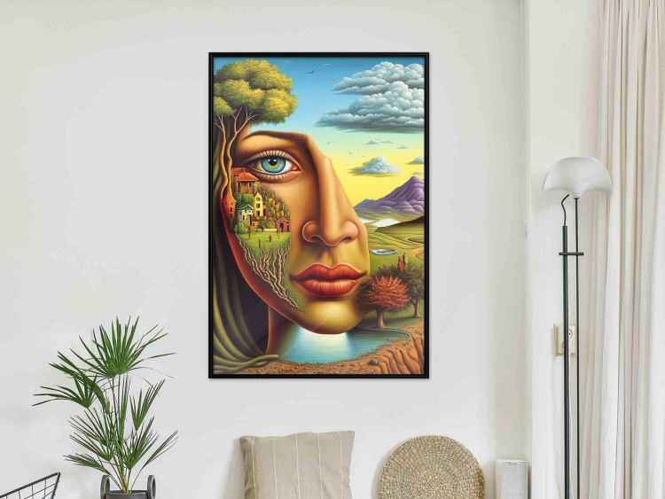 Póster Abstract Face - Portrait of a Woman Against the Background of Mountains and a Small Town 151151 additionalImage 7