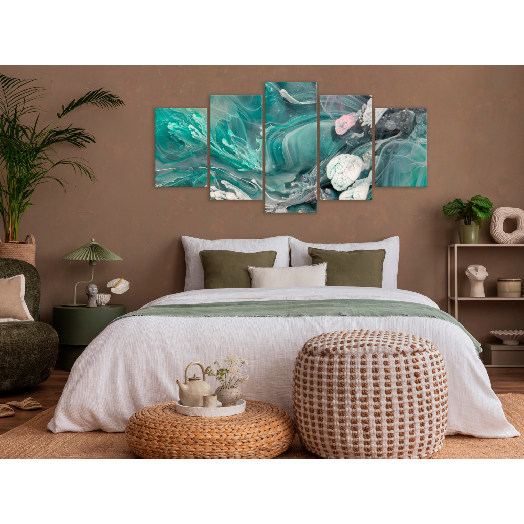 Schilderij  Abstract: Turquoise Abstraction - Spots Of Delicate Color Turning Into White