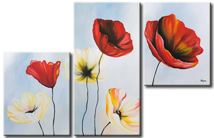 Canvas Two Colours of Poppies (3-piece) - flowers on a background in shades of blue 47551