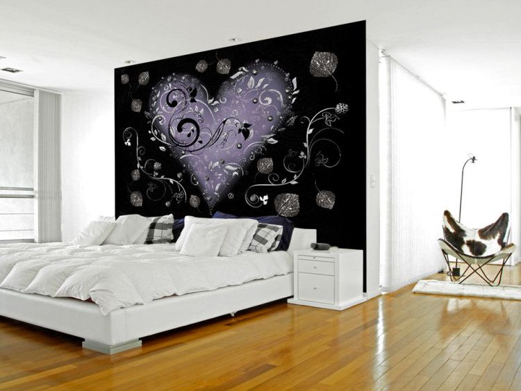 Mural de parede Abstração - Coração Cinza em Fundo Preto com Desenho em Padrões Vegetais