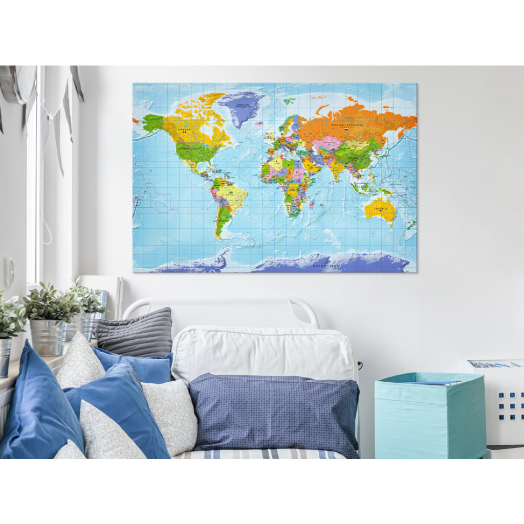 Schilderij  Kaarten Van De Wereld: Vlaggen Op Continenten (1-delig) - Kleurrijke Wereldkaart Met Teksten