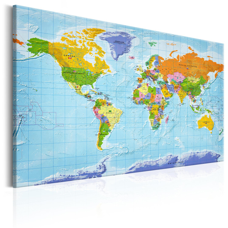 Leinwandbilder Flaggen auf Kontinenten (1-teilig) - Bunte Weltkarte mit  Schriftzug - Weltkarten - Wandbilder