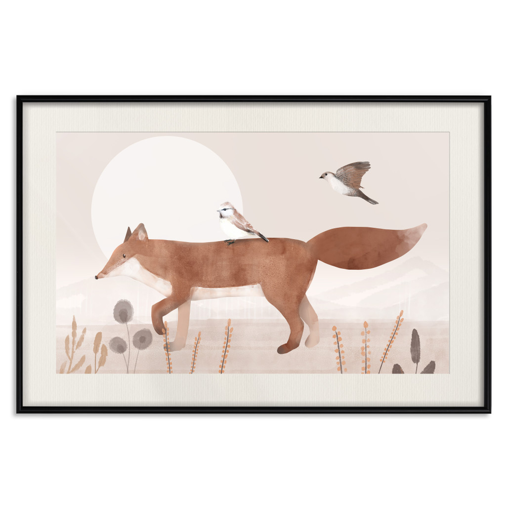 Plakat: Wędrujący Lis I Ptaki - Leśne Zwierzęta Idące W Stronę Słońca